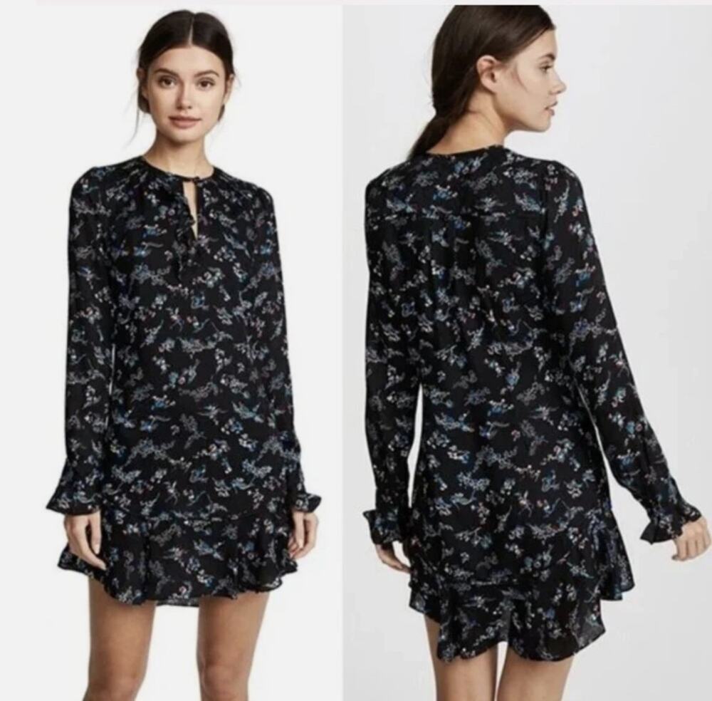 VERONICA BEARD Preston 100% Silk Floral Ruffle Mini Dress Black Blue Size 10
